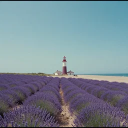 wide screenshot, ultrawide, wes anderson film still, lighthouse on a beach near a lavender field