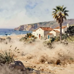 california style watercolor painting of mediterranean landscape, dust, art by anders zorn, wonderful masterpiece by greg rutkowski, cinematic light, american romanticism by greg manchess, creation by tyler edlin