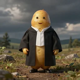 a potato dressed like a judge