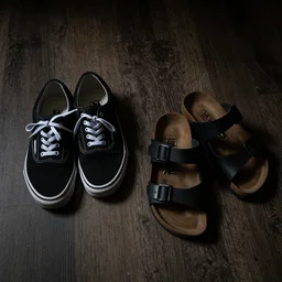 a photo of 2 pairs of shoes on the floor, one is a pair of vans sneakers, the other is a pair of birkenstock sandals, they appear to have been worn quite often, dramatic low key lighting