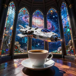 a cup of coffee, a space ship 🚀, by bob byerley, ultra - wide angle, stained glass windows, ray tracing reflections, scifi, high technology, galaxy, stars