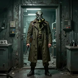 UHD hyperrealistic photorealistic detailed image of a man in a longcoat, wearing a Soviet GP-5 gas mask, wielding an pistol, from the Stalker video game series standing in front of an laboratory door, in a ruined and dark underground lab with a green undertone by Ayami Kojima Amano Karol Bak, Greg Hildebrandt and Mark Brooks