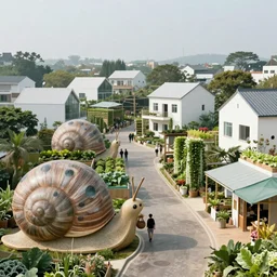 futuristic village marketplace,  with snail-shaped biomimetic architecture, vertical vegetable gardens, in a village street, with beautiful minimalist houses in the background XF IQ4, 150MP, 50mm, F1.4, ISO 200, 1/160s, natural light
