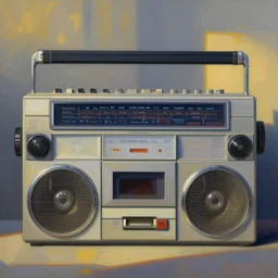 a curious and detailed painting of a boombox with windows and a front door by edward hopper, 8 k, behance award winner, gradient shading, inspirational architecture, rembrandt lighting, golden hour