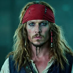 portrait photo an albino pirate Man with red headband and blonde hair, 70mm sigma lens, cinematic lighting, movie still, HD, teal color graded
