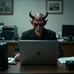 A demon stares at you from the back of the office, grainy photo, screenshot, unnerving, uncanny valley, subtle