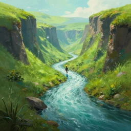 alien river flowing between grassy cliffs. vibrant, painting from a sci - fi novel cover, award winning concept art, in the style of no man's sky, trending on artstation