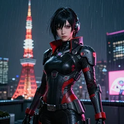 An epic comic hyperrealistic portrait anime illustration of a cyber warrrior girl wearing futuristic wardrobe, black and reddis, ultradetailed face expression trending on artstation and artbreeder, cyberpunk 2077 color, heavy rainning at tokyo night, neon light rooftop, unreal 5, DAZ, 8k, unreal 5 engine render, cosplay, RPG portrait, final fantasy Vll world concept, dramatic lighting, rim lights, PS5 render quality