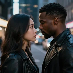 movie powerful mutant heroes interracial couple closeup, DC Marvel fashion, Asian, black, Russian, VFX powers at night in the city, city street, beautiful skin, natural lighting by Emmanuel Lubezki