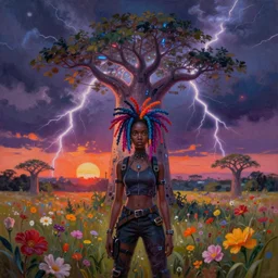 an african cyberpunk hacker girl colorful dreadlocks plugged into a giant glowing baobab tree in the middle of a field of flowers at sunset in a lightning storm, by greg rutkowski and android jones in a surreal cyberpunk! style, oil on canvas, 8k hd, synthwave colors!!