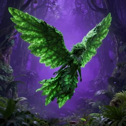 a falling angel in a highly detailed over dimensional green leaves that are not from this world with black vaines, fantasy jungle, photorealism, unreal engine, purple hue