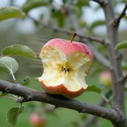 A bitten-into apple flutters in the strong wind on the branch of an apple tree, in motion blur, Sigma 24 mm f/8, 1/10 sec.