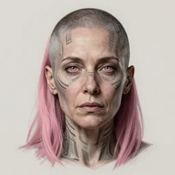 middle aged woman ; muted pink shoulder length shaved side ; grey skin ; muted pink eyes ; face markings tattoos thick lines ; alchemist ; portrait ; drawn by miura ; trending on artstation ; cinematic ; high detail ; digital art