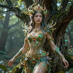 a beautiful female human god of trees character, character is in all its glory, character is centered on the image, character is covered in liquid, rim lights, highly detailed professional photo, dynamic lights, particles and crystals are flying, very deep depth of field, trending on artstation, illustration, hyper realistic, vray caustics, super detailed, colorful accents, cinematic shot