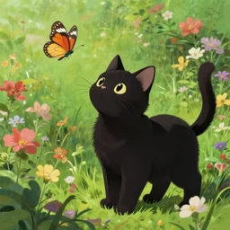 beautiful Black Cat chasing butterflies in a dense flower garden, Studio Ghibli, highly detailed, digital painting, artstation, concept art, smooth, sharp, focus