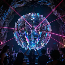 cinematic shot of a goth disco nightclub in a cave, sphere made of holographic knives!!! with pink lasers and blue crystals, brutal weapon iconography!!! goth people dancing, 8 k photograph