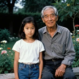 a middle - shot, color travel photograph portrait of a girl in the garden with her grandpa, day, dramatic lighting, 1 9 9 0 photo from live magazine.
