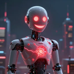 sentient robot pick pocket smiling with a face of red neon lights, made of liquid antimatter, set in a city comprised of light matter, set in the distant future, sucks away the light, decaying plants, light prisms, rainbow diffraction, steampunk, cyberpunk, robots, red lights, anime, vhs distortion, art style mimics starlight brigade by game grumps