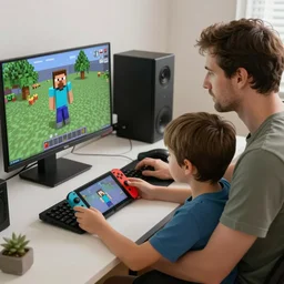 dad and son playing minecraft video games together, the dad is on a gamer pc and the kid on a red nintendo switch device, ultra detailed, delicate.