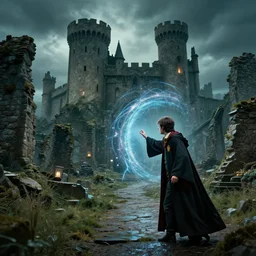 in the harry potter universe far away at some ruins from a castle. a wizard is already there and summons a portal that would take me back home.
