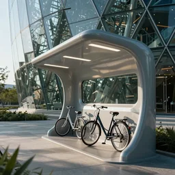 a futuristic bicycle station outside a glassy museum