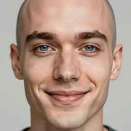 Bald Man with symmetrical detailed eyes and symmetrical detailed nose, smiling with detailed lips with ridges and blue eyes