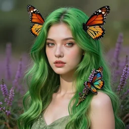 A professionaly painted portrait of an archfey with a monarch butterfly theme, green hair that looks like heather, painted by caravaggio, 4k, trending on deviantart, tasteful, bokeh, hyperrealistic, highly detailed, good proportions