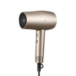 gilded hair dryer, 8k product photo, isolated on a pure white background, centered, entire object in frame, sharp focus, soft studio lighting