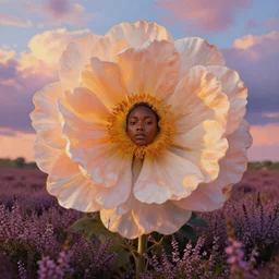 closeup, large flower head, african woman in heather field, surreal photography, golden hour, colorful clouds, impressionist painting, digital painting, artstation, simon stalenhag