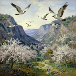 a valley with trees in flower. giant birds flying. full - length, oil painting in a modern style, very detailed, painted by caravaggio, greg rutkowski, sachin teng, thomas kindkade, enki bilal, tony sandoval, norman rockwell, tom bagshaw.