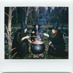 Polaroid picture of witches in a swamp around a cauldron