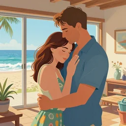 a man cuddling his wife in their house by the beach, by greg rutkowski, trending on artstation, vibrant colors, intricate details,