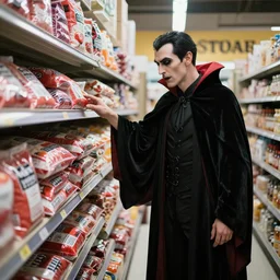 a vampire shopping in a grocery store full of bags of blood, realistic,
