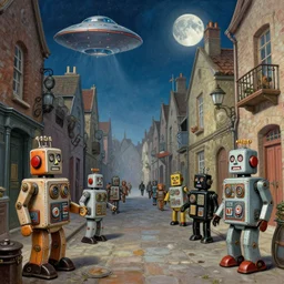 tin toy robots, ufo, flying saucer, moon, meninblack, whitechapel, 1 8 8 0 s, steampunk, alley, streets, walter sickert, earl norem, hyper realistic, artstation, illustration, digital paint, matte paint, vivid colors, detailed and intricate environment