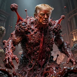 donald trump's disgusting true form bursting from within, gross, slimy, sleazy, pustules, high details, intricate details, by stan lee