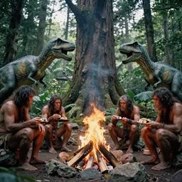 kodak 2 0 mm, photo, neanderthal people eating sushi, surrounded by dinosaurs!, gigantic forest trees, sitting on rocks, bonfire, close up camera on bonfire level