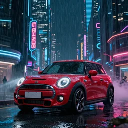 Red Mini Cooper S, Futuristic Asian city at night with rain, Cyberpunk style, Neon lights, Matte paiting, cinematic lighting, corona render, smoke, light rays, 8k