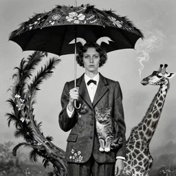 photographic portrait max ernst sad woman giraffe feathers, floral, wearing a suit, holding an umbrella and a cat, spiraling tree, cigarette smoke, editorial