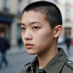 ektachrome, 3 5 mm, highly detailed : incredibly realistic, demure, perfect features, buzz cut, beautiful three point perspective extreme closeup 3 / 4 portrait photo in style of chiaroscuro style 2 0 2 0 s frontiers in flight suit cosplay paris seinen manga street photography vogue italia fashion edition, steven meisel style