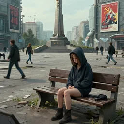 storyboard : sadie sink in hoodie sits on bench in ruined square, pedestrians walk by, soviet monument and propaganda posters. scifi cyberpunk. by gabriel hardman. cinematic atmosphere, detailed and intricate, perfect anatomy