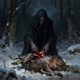 cloaked humanoid wendigo feasting on a bloody dear, nighttime located in a snowy dark forest, lurking horror, forboding, high detail, oil painting, style of seb mckinnon
