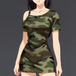 female character wearing a camouflage dress by yohji yamaoto in the style of 1 9 8 0 s anime