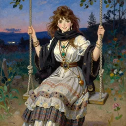 a detailed portrait of an anime woman sitting on swing, smiling, layered skirts, shawl, scarf, copious jewelry, twilight, painting by gaston bussiere, craig mullins, j. c. leyendecker