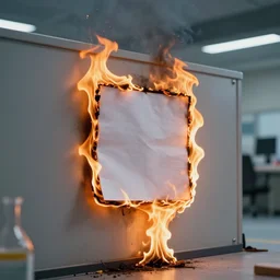 wall in a research center burning, square paper hanging is on fire cinematic cinematic, hbo, dramatic, ARRI, 4k, highly detailed