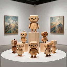 ultra realistic 8k octan photo, collection wooden art toys on stand, very cute robot zen, in a contemporary art gallery