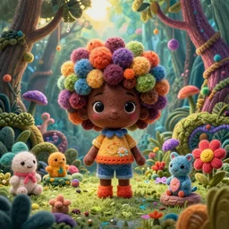 symmetry!, wide angle dynamic portrait of a chibbi black girl with a colorful afro in a futuristic jungle heaven zen garden, macrophotography, felt texture, amigurumi by mark ryden and todd schorr and mark davis and zdislaw beksinski in a surreal lowbrow style, digital paint, matte paint, vivid synthwave colors, breathtaking landscape