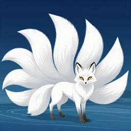 white nine tailed fox, near a lake, hokusai style