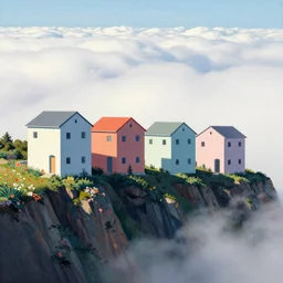 four houses by toyo ito on a cliff, white sea cloud, summer morning, very coherent and colorful high contrast, art by! gediminas pranckevicius! geof darrow, pastel color, volumetric lighting, cinematic, floralpunk screen printing woodblock, dark shadows, hard lighting, stippling art