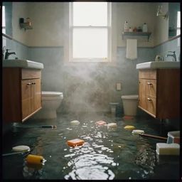 kodak portra 4 0 0 photographic and realistic, interior of a bathroom, detailed, octane render, unreal engine, 4 k, artstation, hyper realistic, wide angle, floor flooded, how a river, objects that float, 3 5 mm, sharp focus, soft light, volumetric light fog, in the style of gregory crewdson
