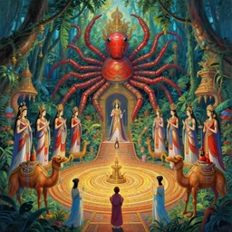 painting of priestesses of the ancient centipede temple, lush jungle, centipede god, jungle canopy, overgrowth, by ArtGerm and Justin Cheung and Stephané Roux and Makoto Shinkai, insanely detailed and intricate, ornate, elegant, award winning, vermillion and cyan, maximalist, trending on Artstation, matte painting, interior scene, camel statue, ritual circle, temple rites, golden ratio, trending on CGstation, divine proportion, rich color, vibrant
